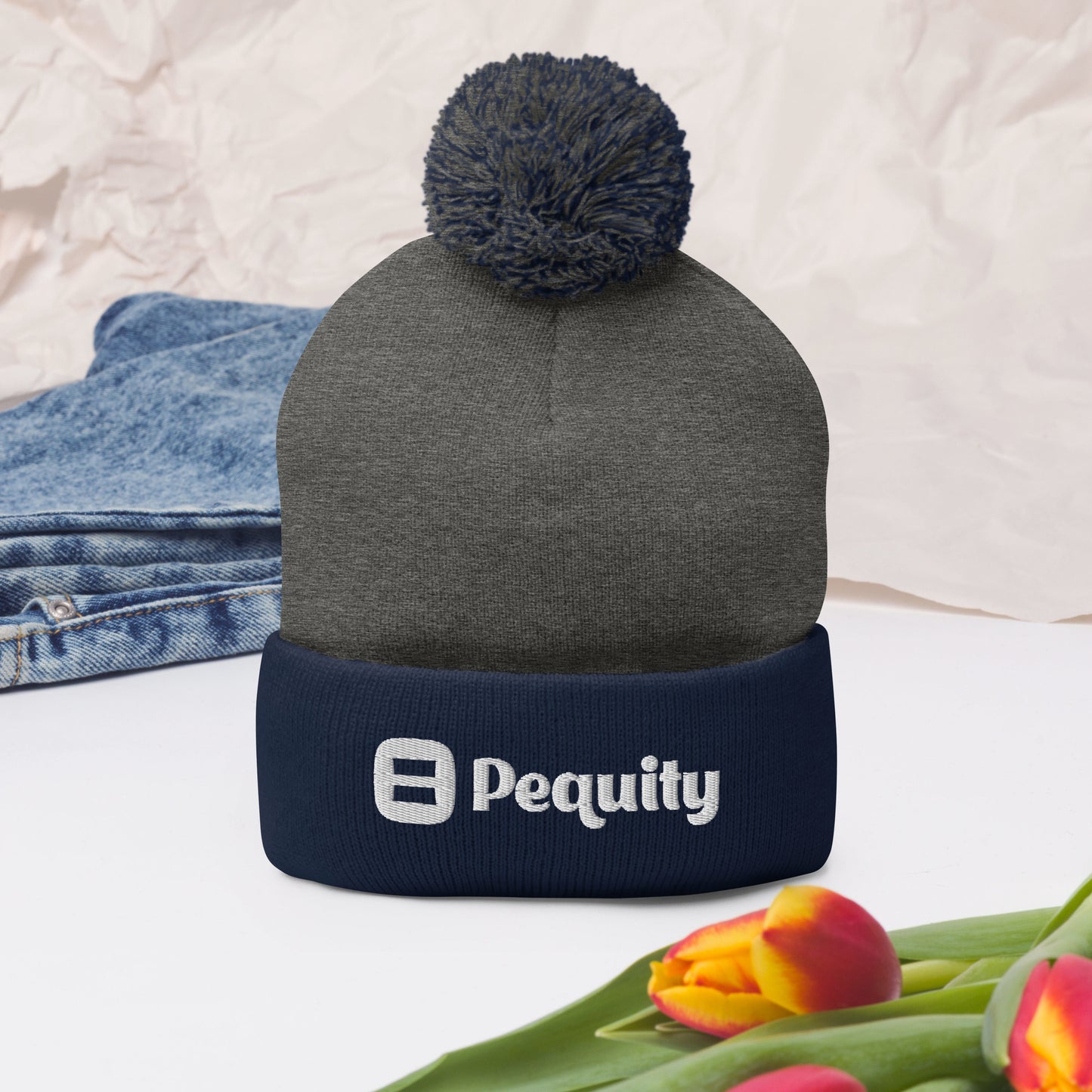 Pequity Puffy Embroidered Logo | Pom-Pom Beanie